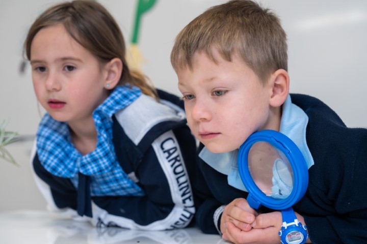 Students with magnifying glass